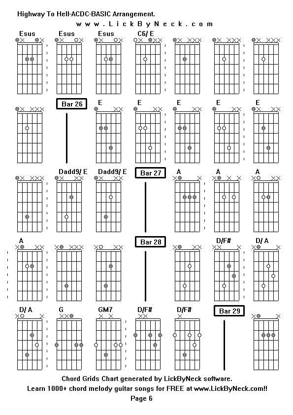 Chord Grids Chart of chord melody fingerstyle guitar song-Highway To Hell-ACDC-BASIC Arrangement,generated by LickByNeck software.